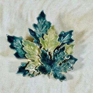 Vintage Enamel multi tone Maple leaf pin brooch teal blue